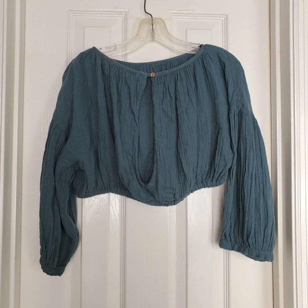 Free People Teal Gauze‎ Cropped Puffy Blouse Button Open Back Dolman Sleeve Sm
